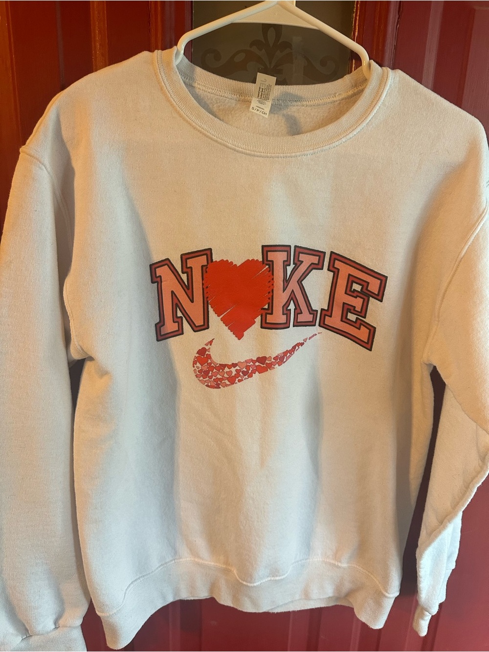 Jerzees White Crewneck Sweatshirt with Red Heart and Red Accents